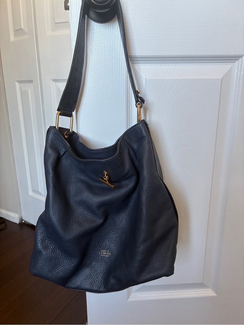 Vince Camuto Navy Pebbled Leather Shoulder Bag with Gold Hardware